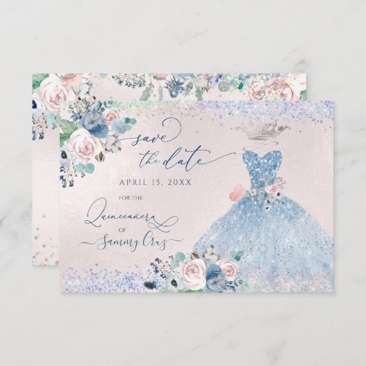 Quinceanera Save the Date Dusty Pink Blue Peonera Einladung (Vorne/Hinten)