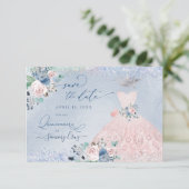 Quinceanera Save the Date Dusty Pink Blue Peonera Einladung (Stehend Vorderseite)