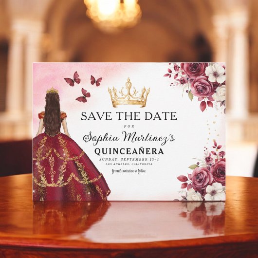 Quinceanera Save the Date Floral Burgund