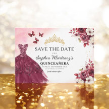 Quinceanera Save the Date Floral Burgund