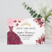 Quinceanera Save the Date Floral Burgund (Stehend Vorderseite)