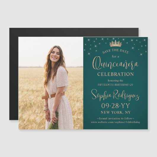 Quinceañera Save the Date Foto Rose Gold & Grün Magneteinladung (Vorne/Hinten)