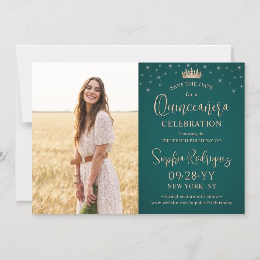 Quinceañera Save the Date Foto Rose Gold & Grün Magneteinladung (Vorderseite)
