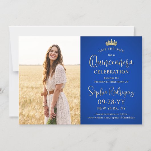 Quinceañera Save the Date Foto Royal Blue & Gold Magneteinladung (Vorderseite)