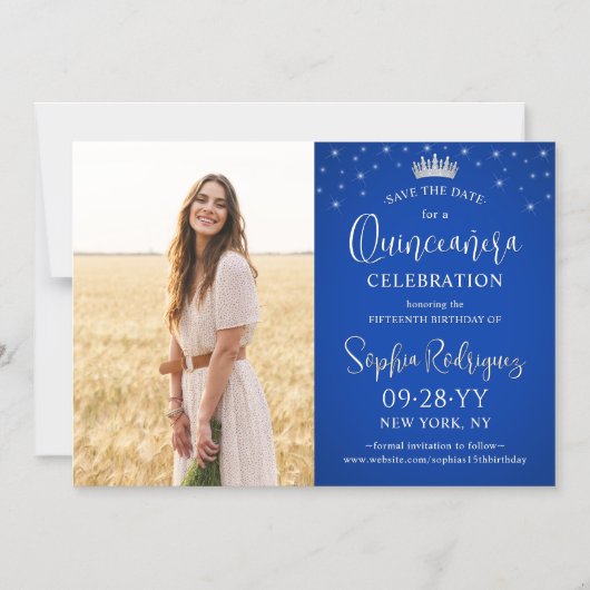 Quinceañera Save the Date Foto Royal Blue Stars Magneteinladung (Vorderseite)