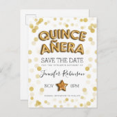 Quinceanera Save the Date Gold steigt Glitzer im Ankündigungspostkarte (Vorne/Hinten)
