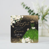 Quinceanera Save the Date Green Imitats Glitzer Go Einladung (Stehend Vorderseite)