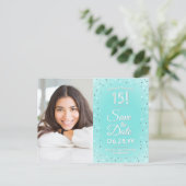 Quinceañera Save the Date Modernes 2 Foto Aquamari Einladungspostkarte (Stehend Vorderseite)