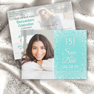 Quinceañera Save the Date Modernes 2 Foto Aquamari Einladungspostkarte