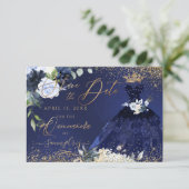 Quinceanera Save the Date Navy Blue Gown Einladung (Stehend Vorderseite)