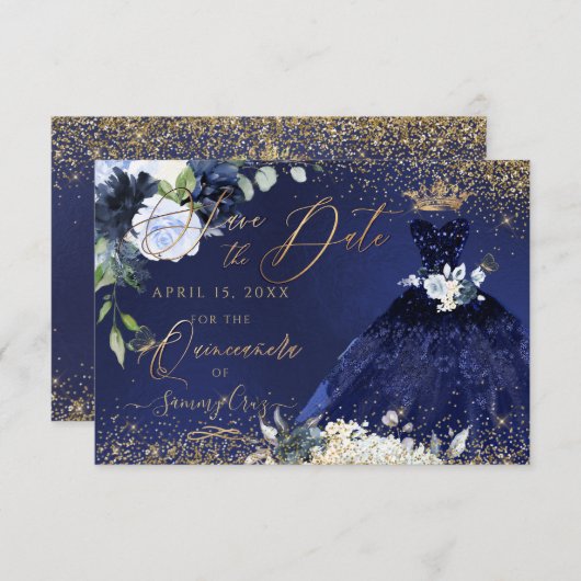 Quinceanera Save the Date Navy Blue Gown Einladung (Vorne/Hinten)