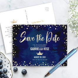 Quinceañera Save the Date Navy Gold Glitzer Crown Einladungspostkarte