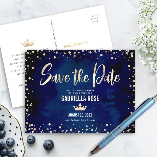 Quinceañera Save the Date Navy Gold Glitzer Crown Einladungspostkarte
