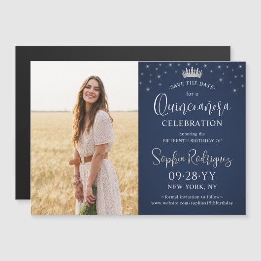 Quinceañera Save the Date Photo Navy Blue Stars Magneteinladung (Vorne/Hinten)