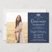 Quinceañera Save the Date Photo Navy Blue Stars Magneteinladung (Vorderseite)