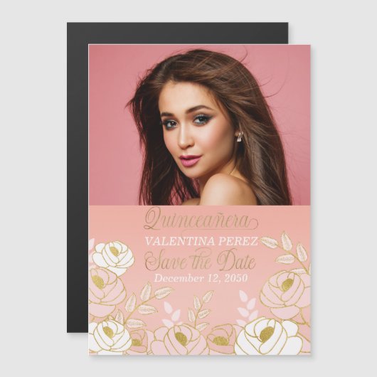 Quinceanera Save the Date Pink Gold Botanisch Magnetkarte (Vorne/Hinten)