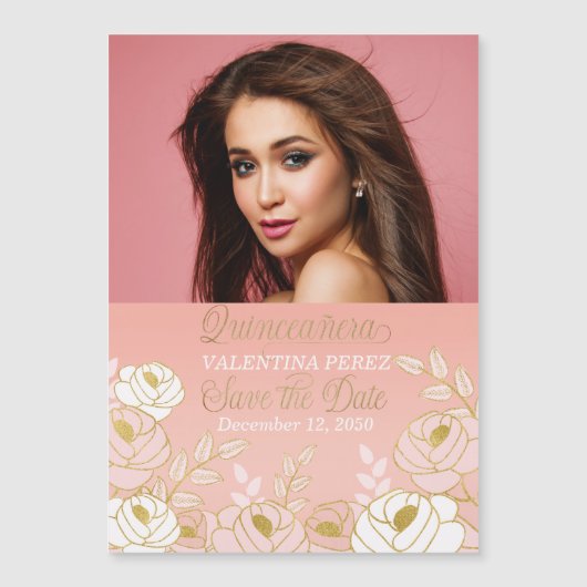 Quinceanera Save the Date Pink Gold Botanisch Magnetkarte (Vorderseite)