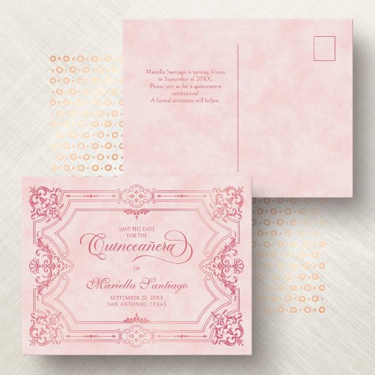 Quinceanera Save the Date rosa Postkarte