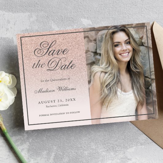 Quinceañera Save the Date Rose Gold Glitzer Foto