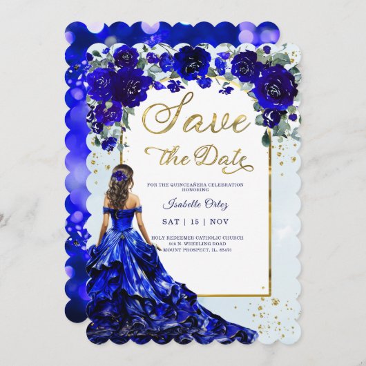 Quinceañera Save the Date Royal Blue und Gold Einladung (Vorne/Hinten)