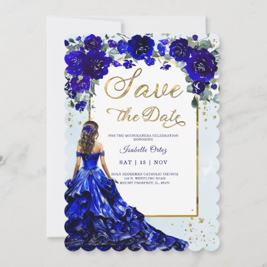 Quinceañera Save the Date Royal Blue und Gold Einladung (Vorderseite)