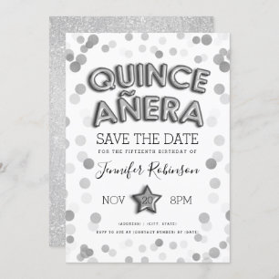 Quinceañera Save the Date silberner Ballon-Glitzer Einladung