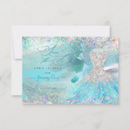 Quinceanera Save the Date Silver Aqua Blue Dress