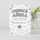 Quinceañera Save the Date Silver Balloons Glitzer Einladung (Stehend Vorderseite)
