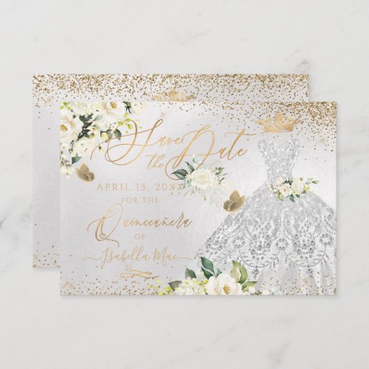 Quinceanera Save the Date Silver Imitats Glitzer G Einladung (Vorne/Hinten)