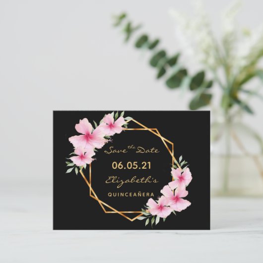 Quinceanera Save the Date tropischen Gold schwarze Postkarte (Stehend Vorderseite)