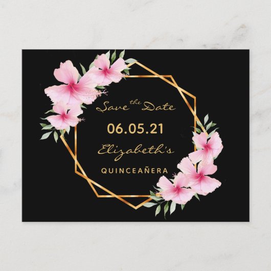 Quinceanera Save the Date tropischen Gold schwarze Postkarte (Vorderseite)