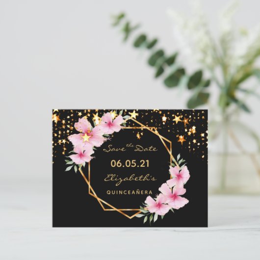 Quinceanera Save the Date tropischer Goldstar Postkarte (Stehend Vorderseite)