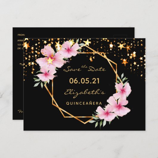 Quinceanera Save the Date tropischer Goldstar Postkarte (Vorne/Hinten)