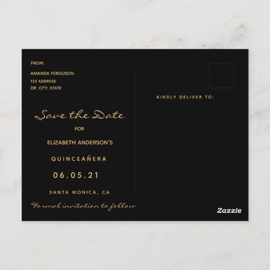 Quinceanera Save the Date tropischer Goldstar Postkarte (Rückseite)
