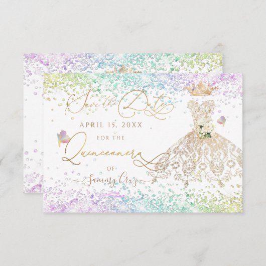 Quinceanera Save the Date White Gold Dress Einladu Einladung (Vorne/Hinten)