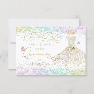 Quinceanera Save the Date White Gold Dress Einladu Einladung