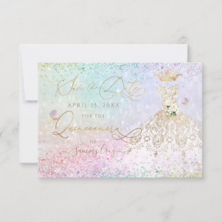 Quinceanera Save the Date White Gold Dress Einladung