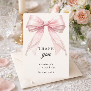 Quinceanera-Schleife rosa Elfenbeinperlen elegant Dankeskarte