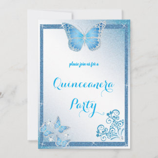 Quinceanera Schmetterling blauer Glitzer eleganter Einladung