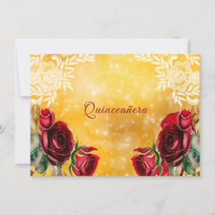 Quinceanera Schöne Rote Rosen Spitze und Gold Einladung