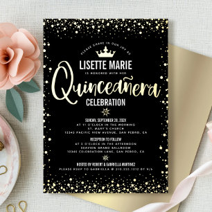 Quinceañera Schrift Prinzessinnenkrone Schwarz Ech Folieneinladung