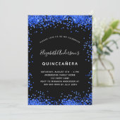 Quinceanera schwarz königsblaue Glitzern Party Einladung (Stehend Vorderseite)