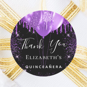 Quinceanera schwarz lila Glitzer Name vielen Dank Runder Aufkleber