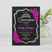 Quinceanera - Schwarz-Rosa-Silber Einladung (Stehend Vorderseite)
