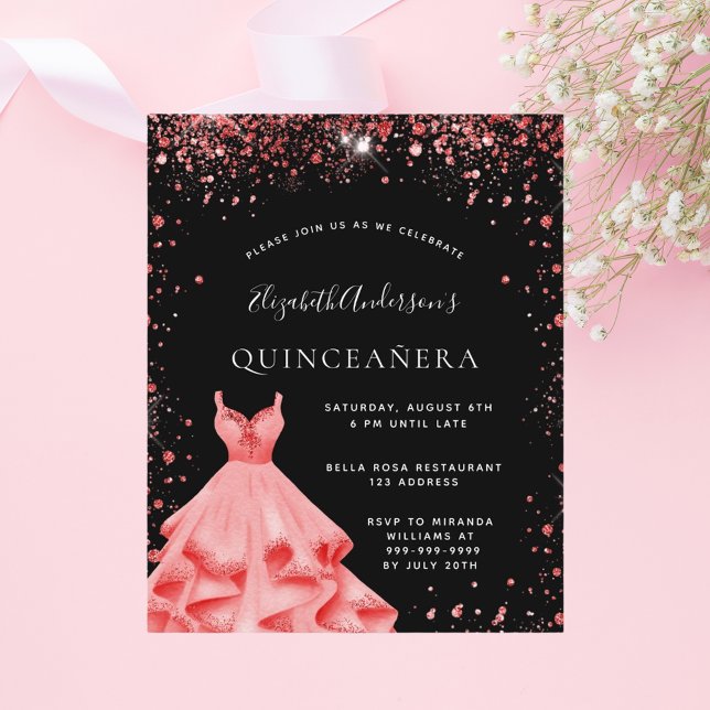 Quinceanera Schwarz Rot Glitzer Einladung (Von Creator hochgeladen)