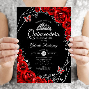 Quinceanera Schwarz Rot Silber Floral Einladung