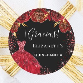 Quinceanera schwarz rote Kleidung Blumen Gracias Runder Aufkleber