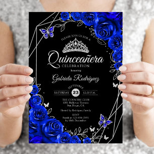 Quinceanera Schwarz Royal Blau Silber Blumen Einladung
