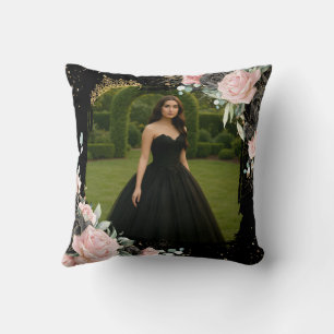 Quinceanera-Schwarz und Blush-Rosa Blumenfoto Kissen