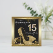 Quinceañera, Schwarz und Gold High Heel Shoel Einladung (Stehend Vorderseite)